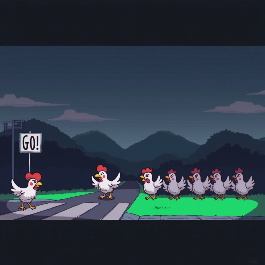 Gallina cruzando la carretera con grupo animado de apoyo y carteles GO